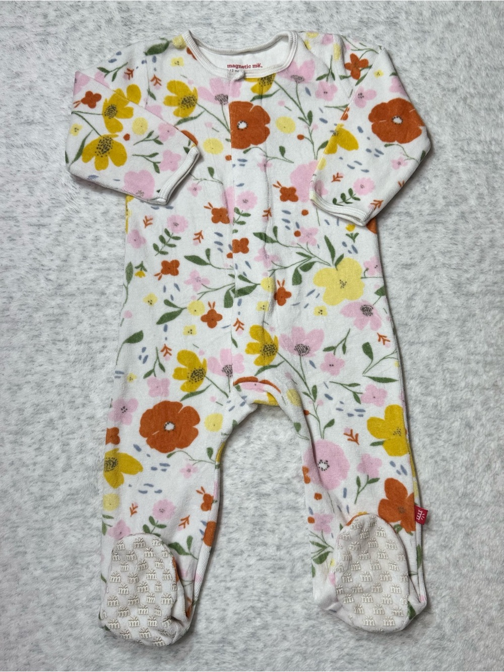 Magnetic Me Floral Velour Footie Sleeper 9-12M Baby Girl Velvet Cozy Cream Pink
